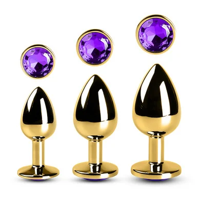 Golden Metallic Metal Anal Plug with Gemstone - Purple