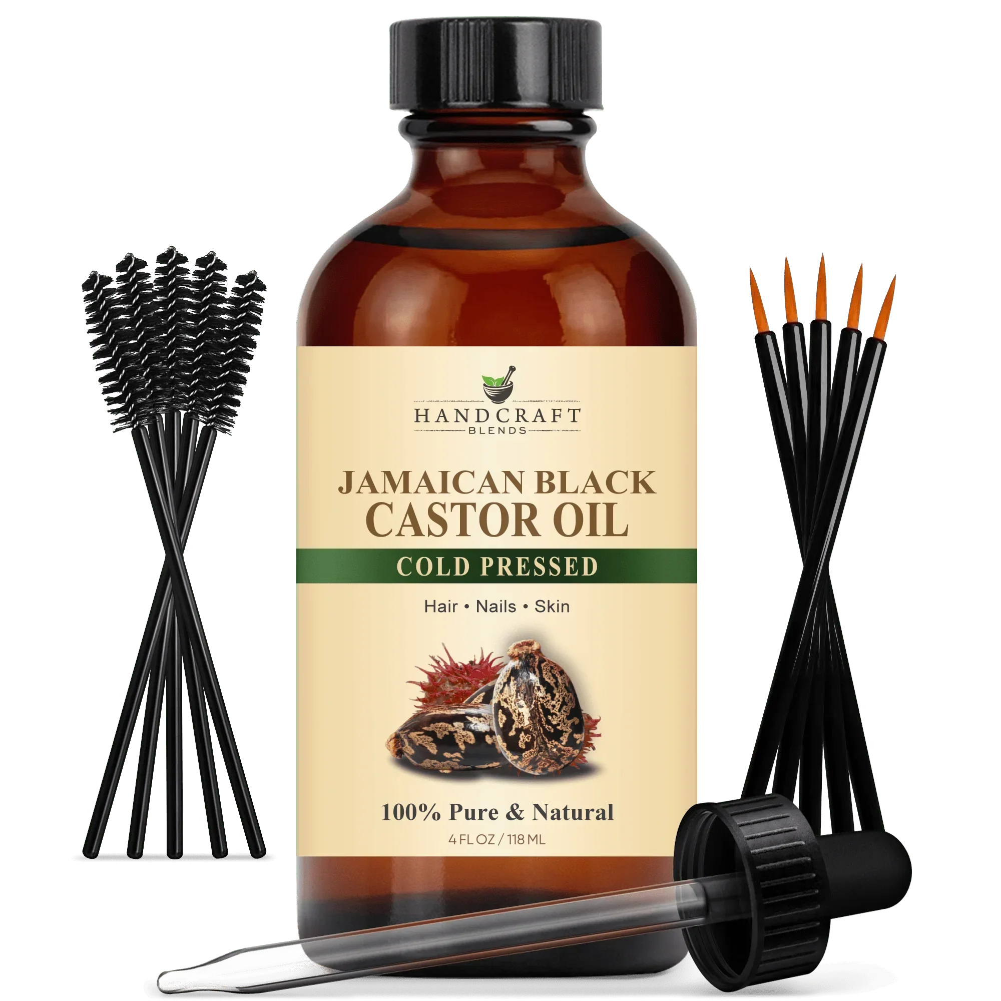 Jamaican Black Castor Carrier Oil in Glass Bottle with Lash Brushes
