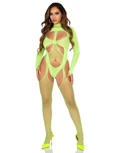 Leg Avenue 2pc Fishnet Suspender Jumpsuit & Layered Opaque Teddy
