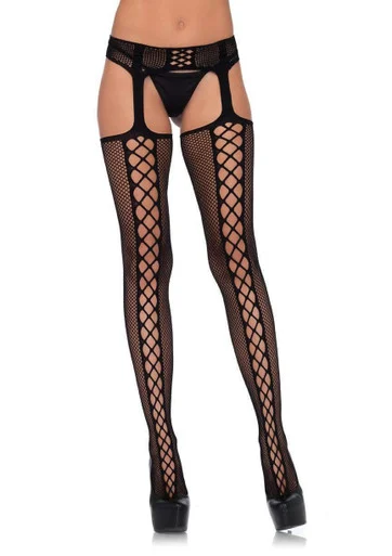 Leg Avenue Faux Lace Up Dual Net Backseam Stockings w/ Attached Garter Belt