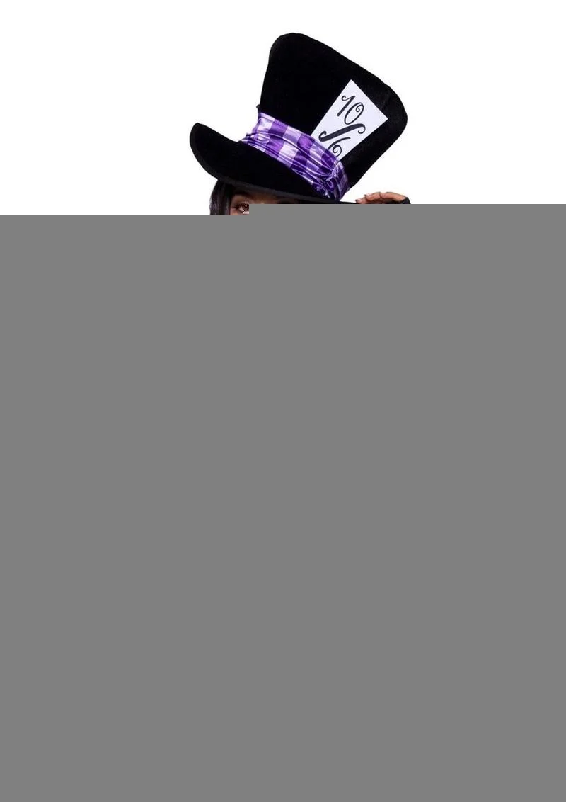 Leg Avenue Mischievous Mad Hatter Garter Bodysuit with Strappy Deep-V and Puff Sleeves, Bow Collar, and Mad Hatter Hat