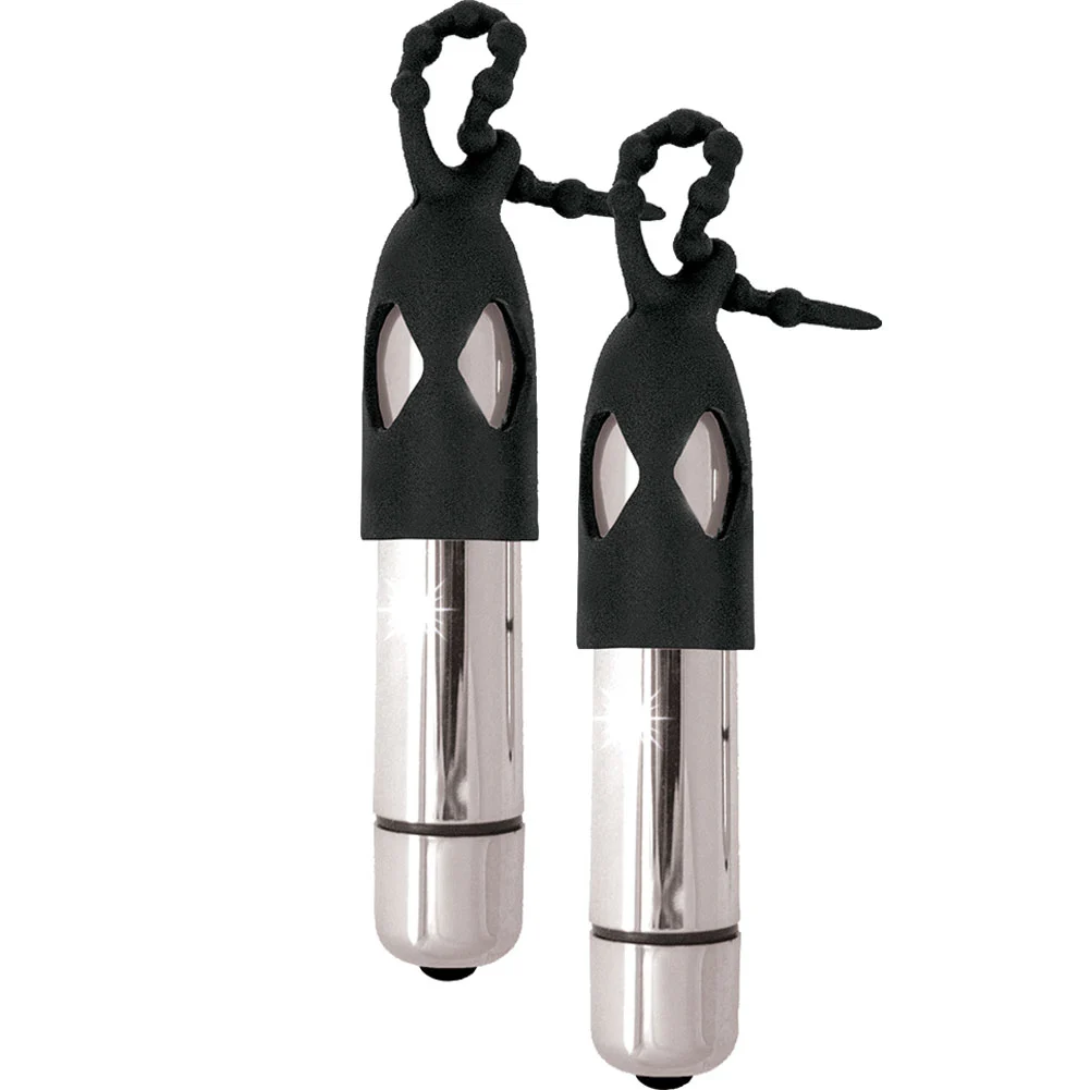 Mack Tuff Vibrating Silicone NippleTeasers, Silver/Black