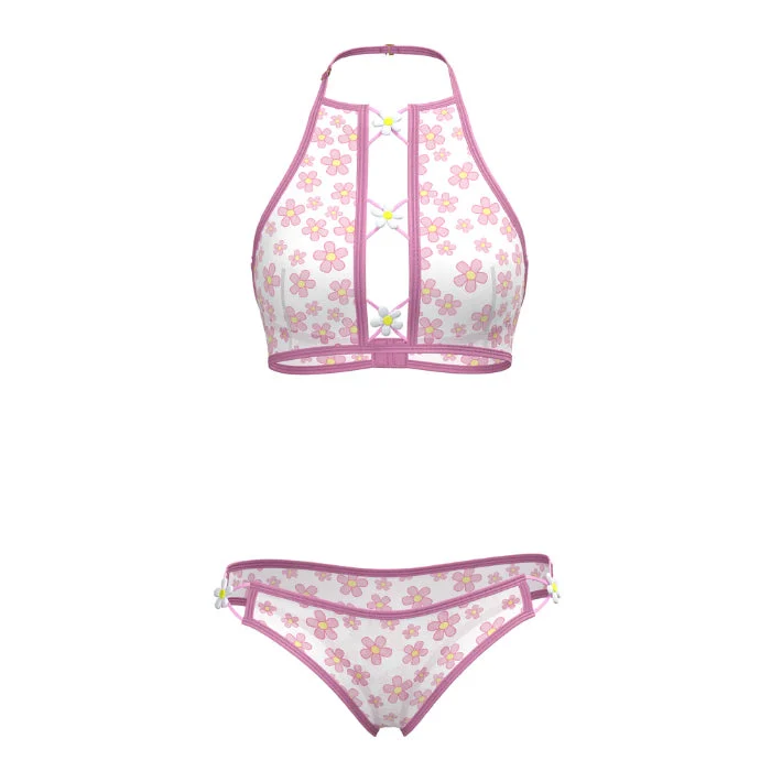 Magic Silk Blacklight Responsive Daisy Print Halter Bralette & Panty Set