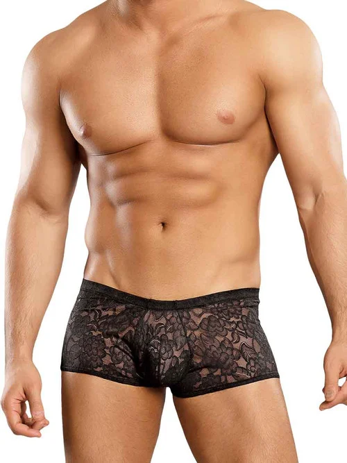 Male Power Sheer Black Lace Mini Shorts for Men
