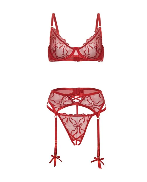 Mariah Burgundy Red Embroidered Lace and Mesh Bra Garter and G-String Set