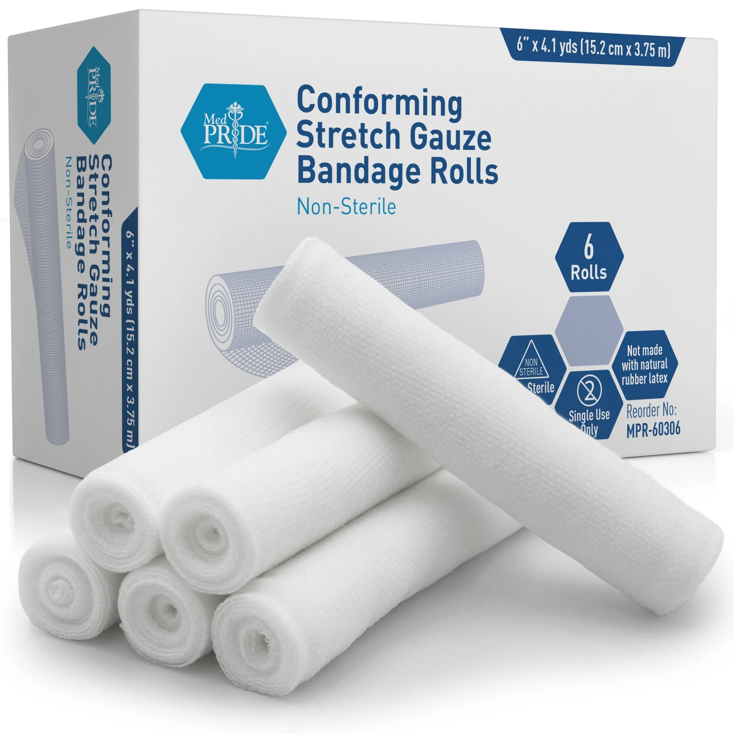 MedPride Conforming Stretch Gauze Bandage Roll -Non-Sterile - 6"x4.1 yd - 6 Rolls, Case of 8 (48 Count)
