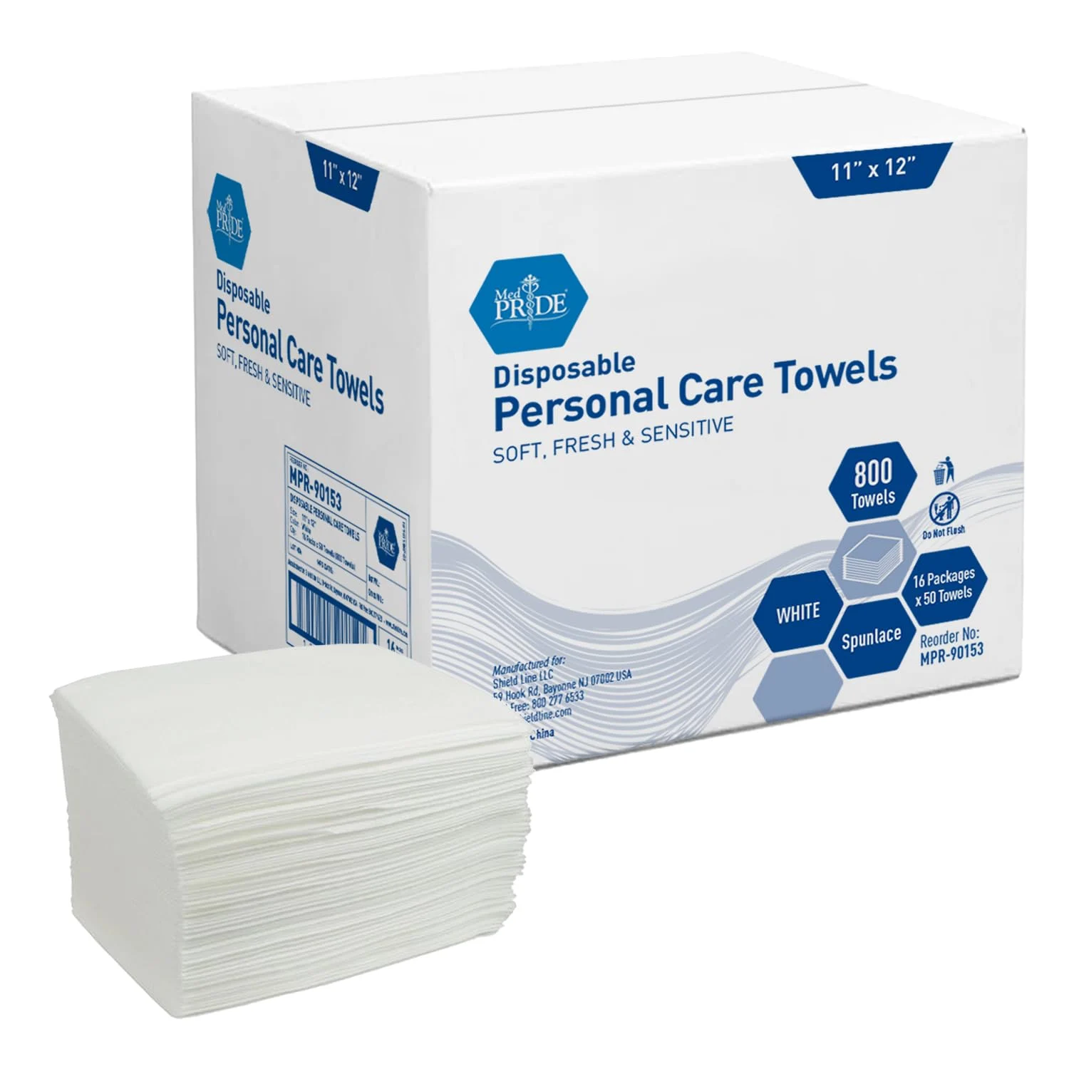 MedPride Disposable Dry Washcloths Spun Lace Quarter Fold, 11" x 12", 16 Packages x 50 Towels (800 Count)