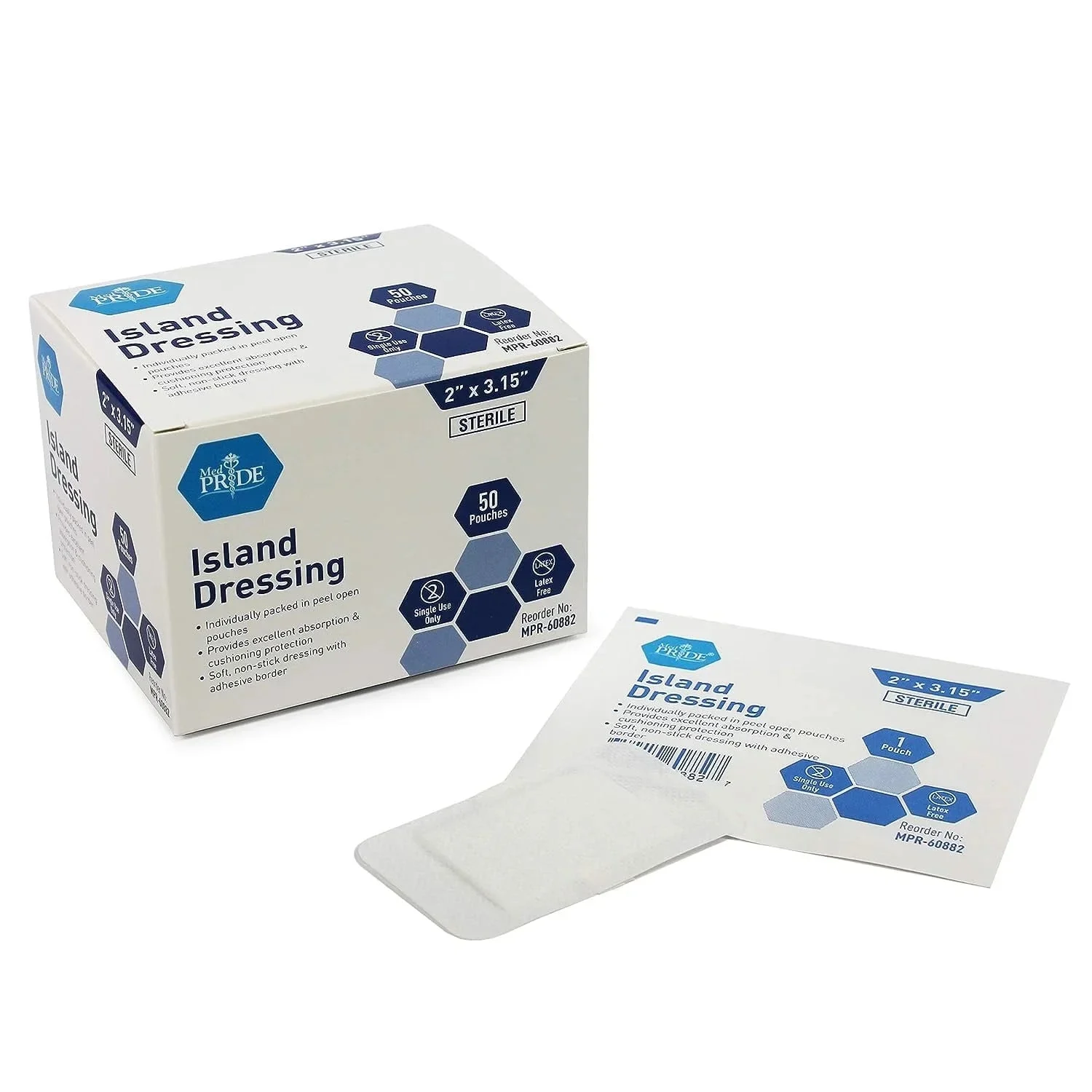 Medpride Gauze Island Dressing Sterile 2"x3.5" Wound Dressing with Adhesive, 50/Box, Case of 6 (300 Count)