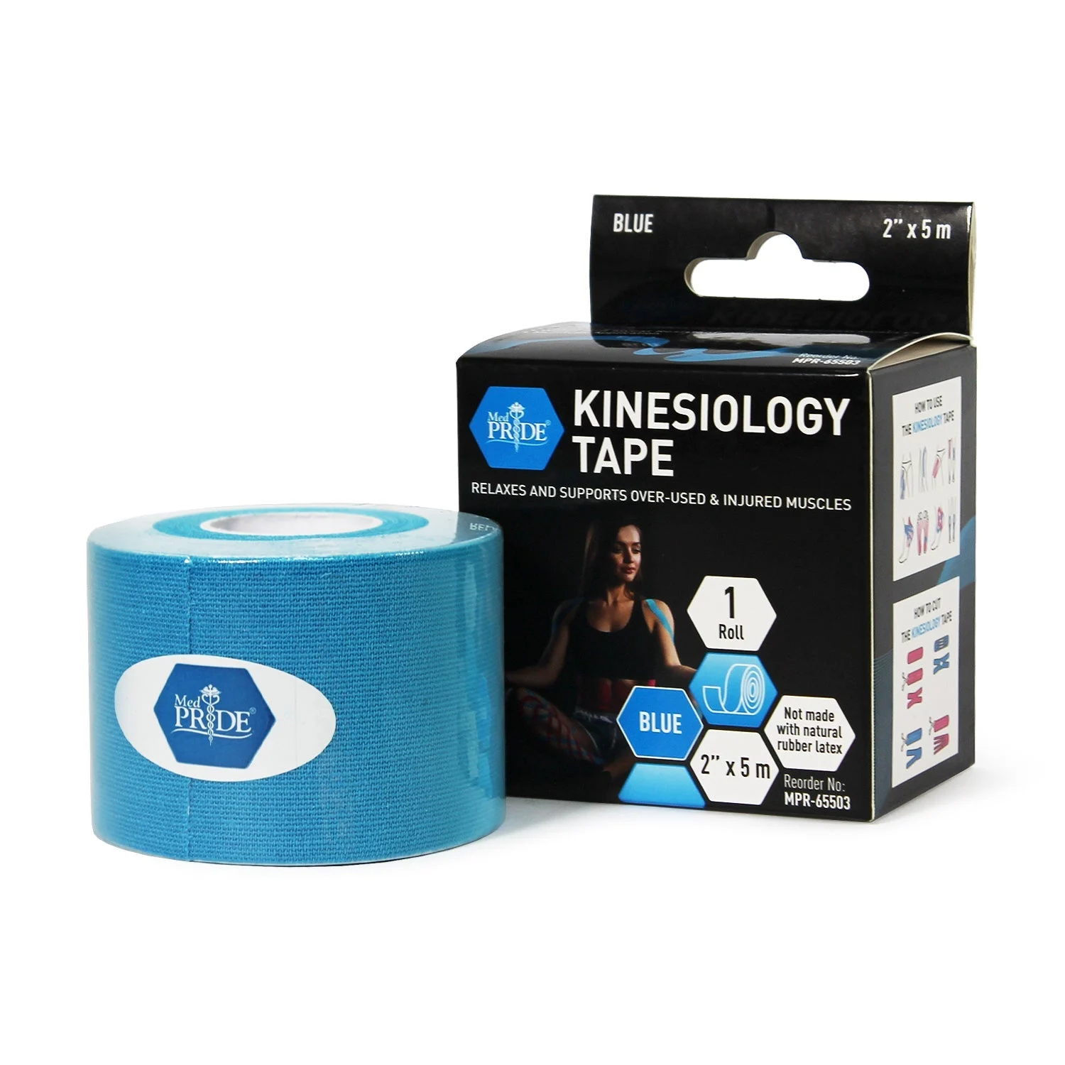 MedPride Kinesiology Tape – Blue 2”x5M Latex-Free Athletic Tape for Pain Relief, Injured Muscle Support, 24/Box, Case of 6 (144 Count)