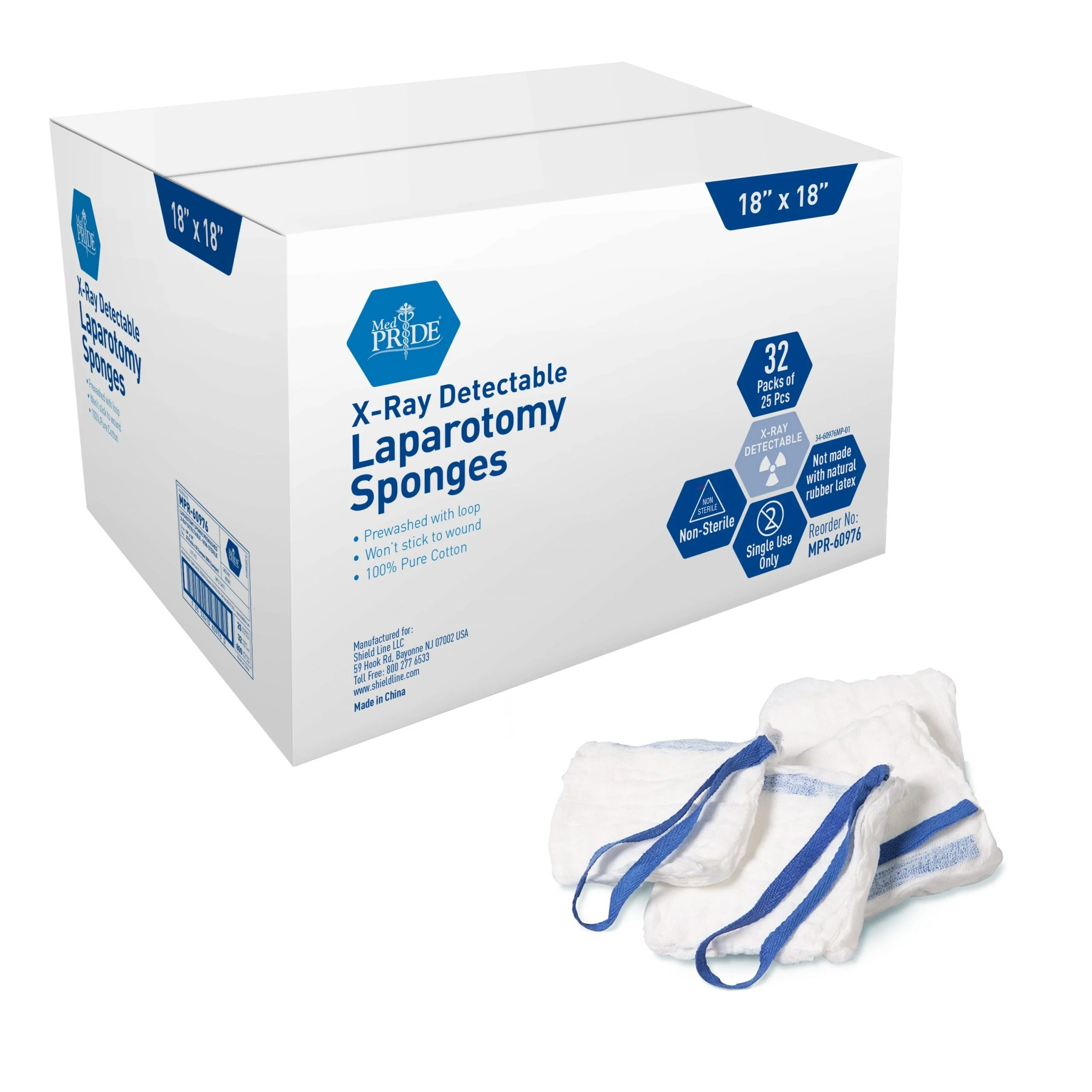 MedPride Laparotomy Sponge, Prewashed - Non Sterile - X Ray Det 18"x18", 32 Pack of 25pcs. Case of 5 (4000 Count)