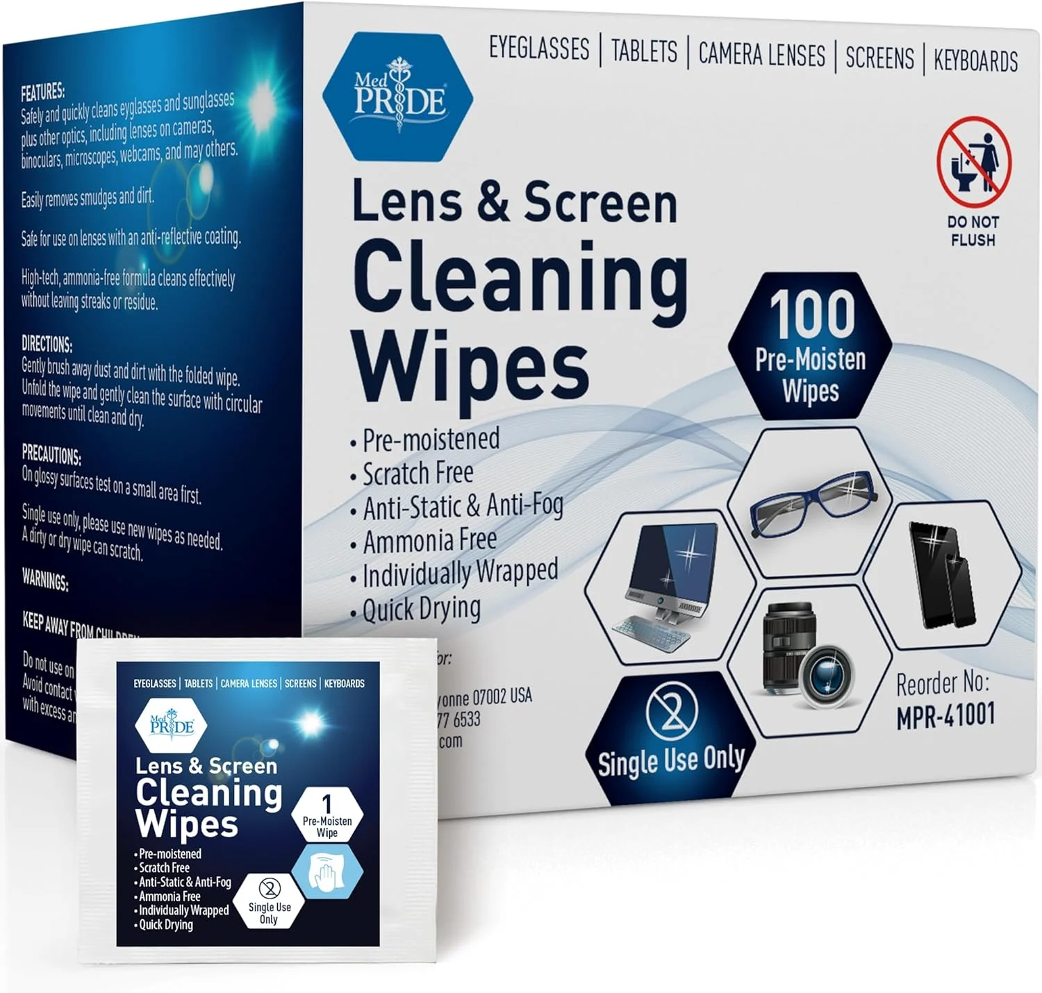MedPride Premoistened Lens Cleaning Wipes - 6" x 5"- 100 wipes/ Case of 50 (5000 count)