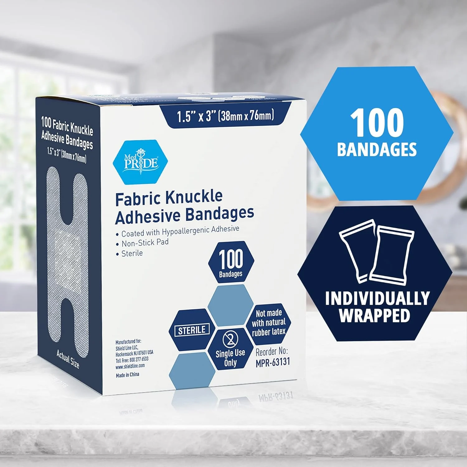 MedPride Sterile Fabric Knuckle Adhesive Bandage 1.5" x 3" - 100/Box, Case of 24 (2400 Count)