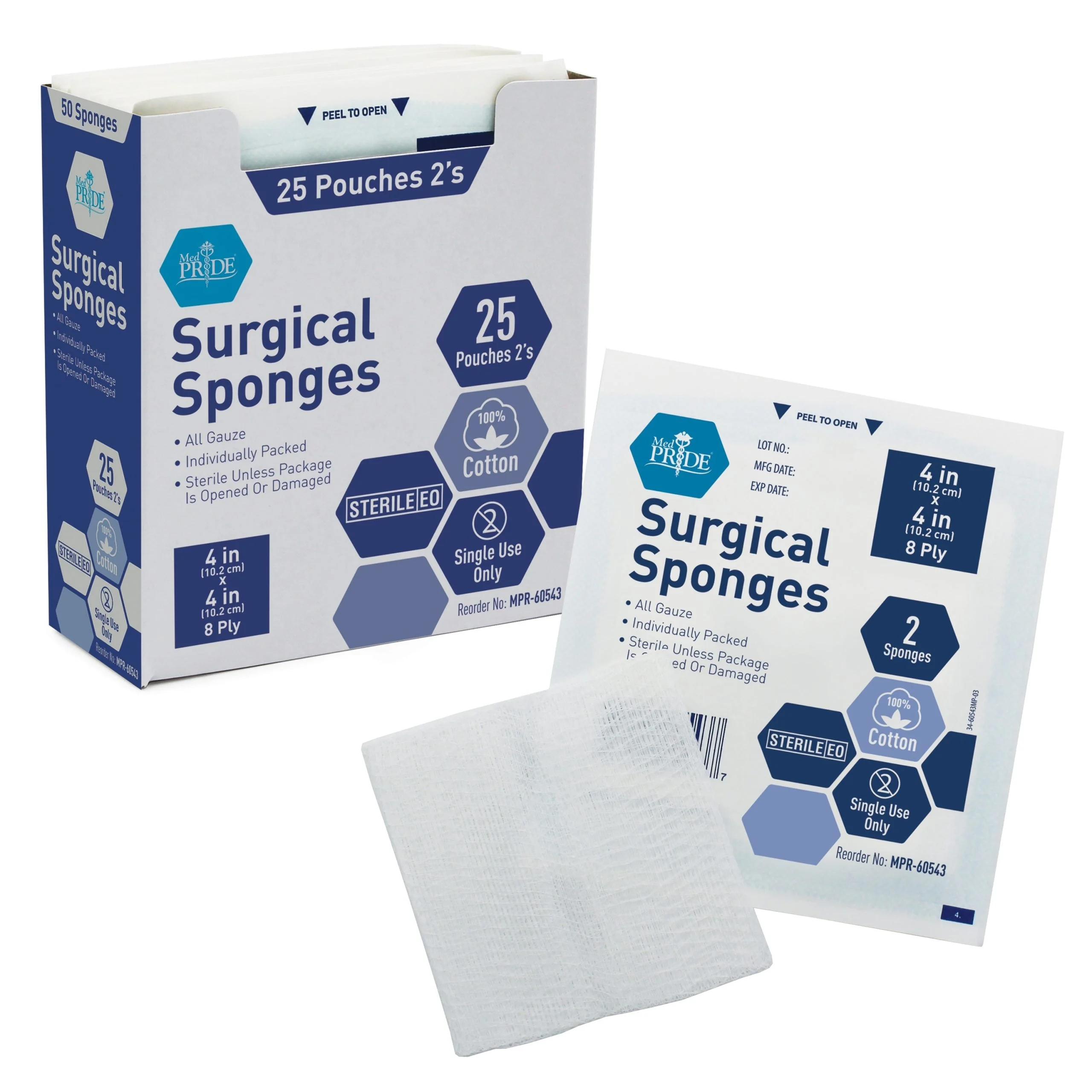 MedPride Sterile Surgical Gauze Sponge - 2's, 4"x4" - 8 Ply - 25/Box, Case of 24 (1200 Count)