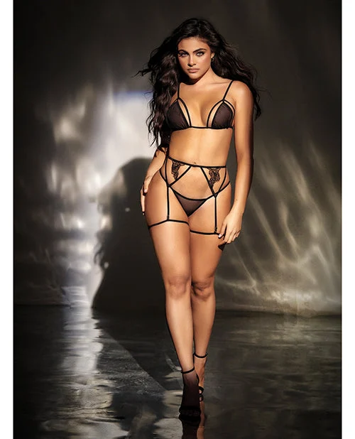 Mesh Top w/Adjustable Coverage, Garter Belt & Thong Black