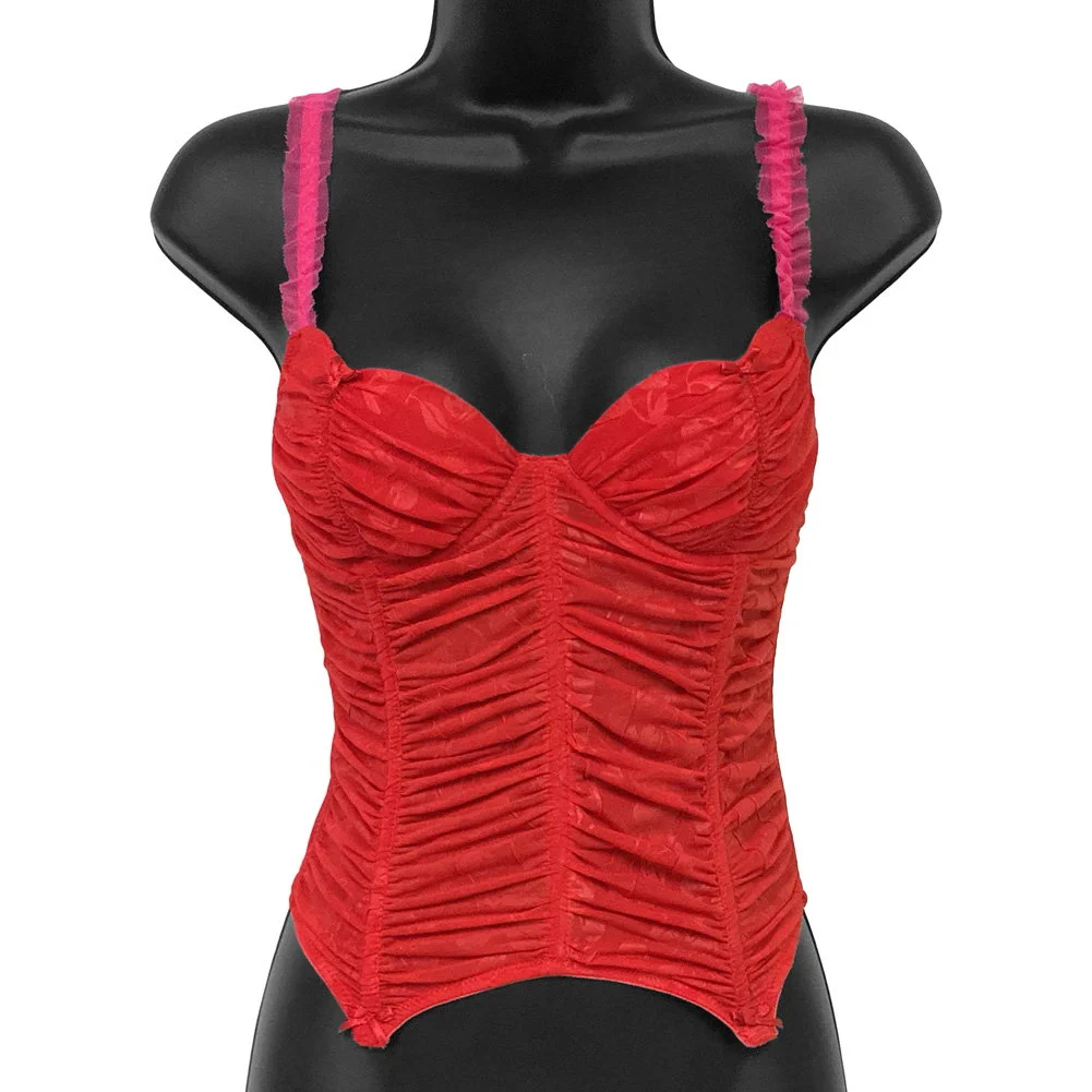 Necessary Objects Cherry Pie Underwire and Boning Bustier with Garters, 34C, Red