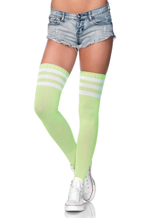 Neon Green Athletic Ribbed Thigh Highs with 3 Stripes