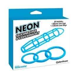 Neon Silicone Cage and Love Ring Set Blue Pipedream