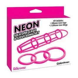 Neon Silicone Cage and Love Ring Set Pink Pipedream