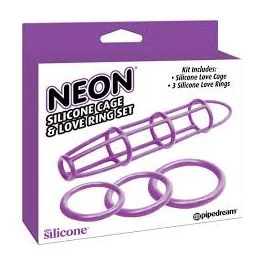 Neon Silicone Cage and Love Ring Set Purple Pipedream