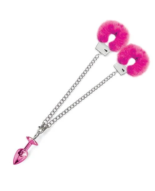 Nixie Pink Metal Butt Plug and Pink Furry Cuff Set