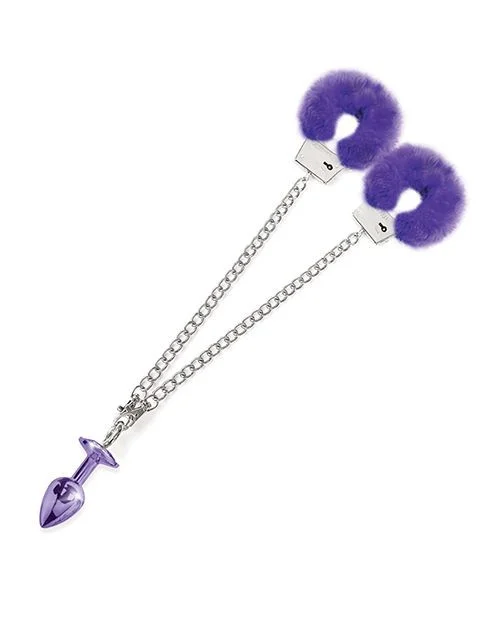 Nixie Purple Metal Butt Plug and Purple Furry Cuff Set