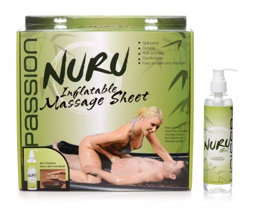Nuru Inflatable Black Vinyl Massage Sheet and Gel Set