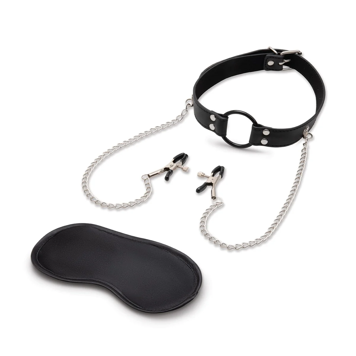 Open Mouth Gag with Nipple Clips & Satin Blindfold