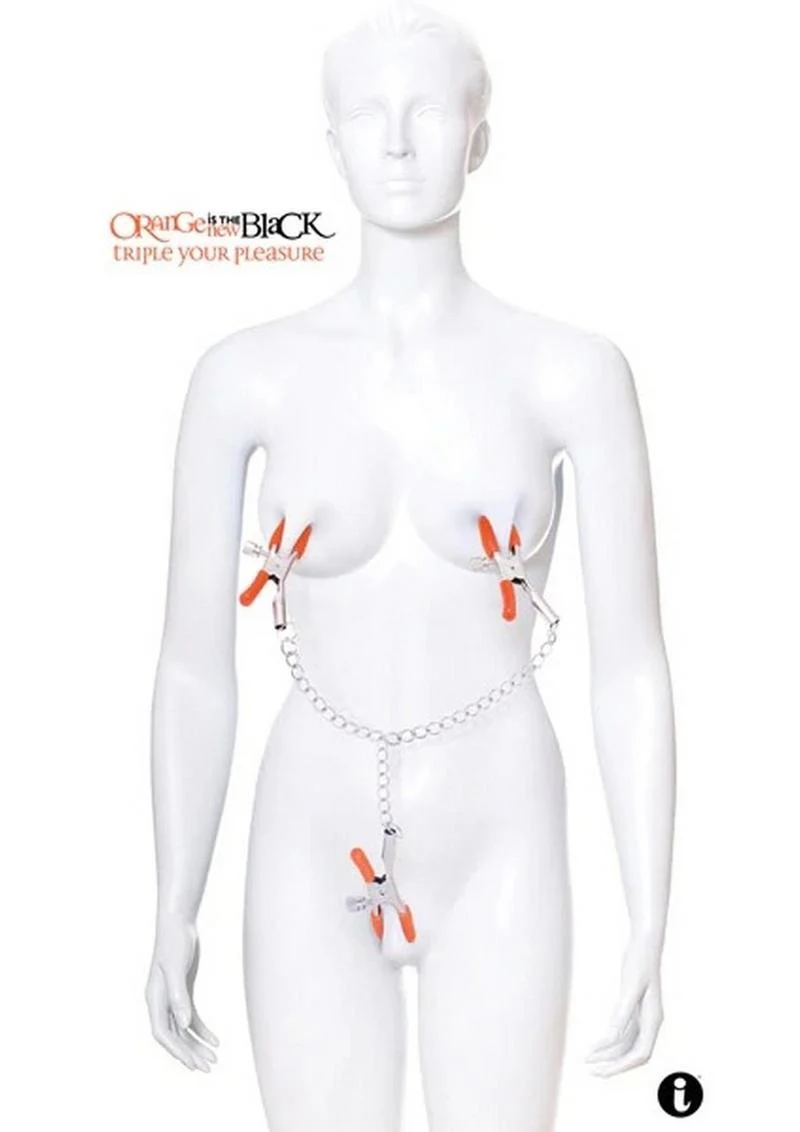 Orange Is The New Black Triple Your Pleasure Nipple and Clitoral Clamps with Chain
