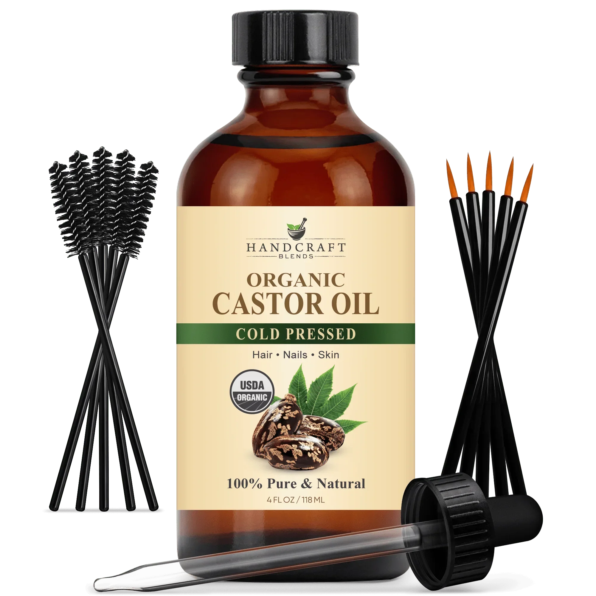 Organic Castor Carrier Oil in Glass Bottle with Lash Brushes