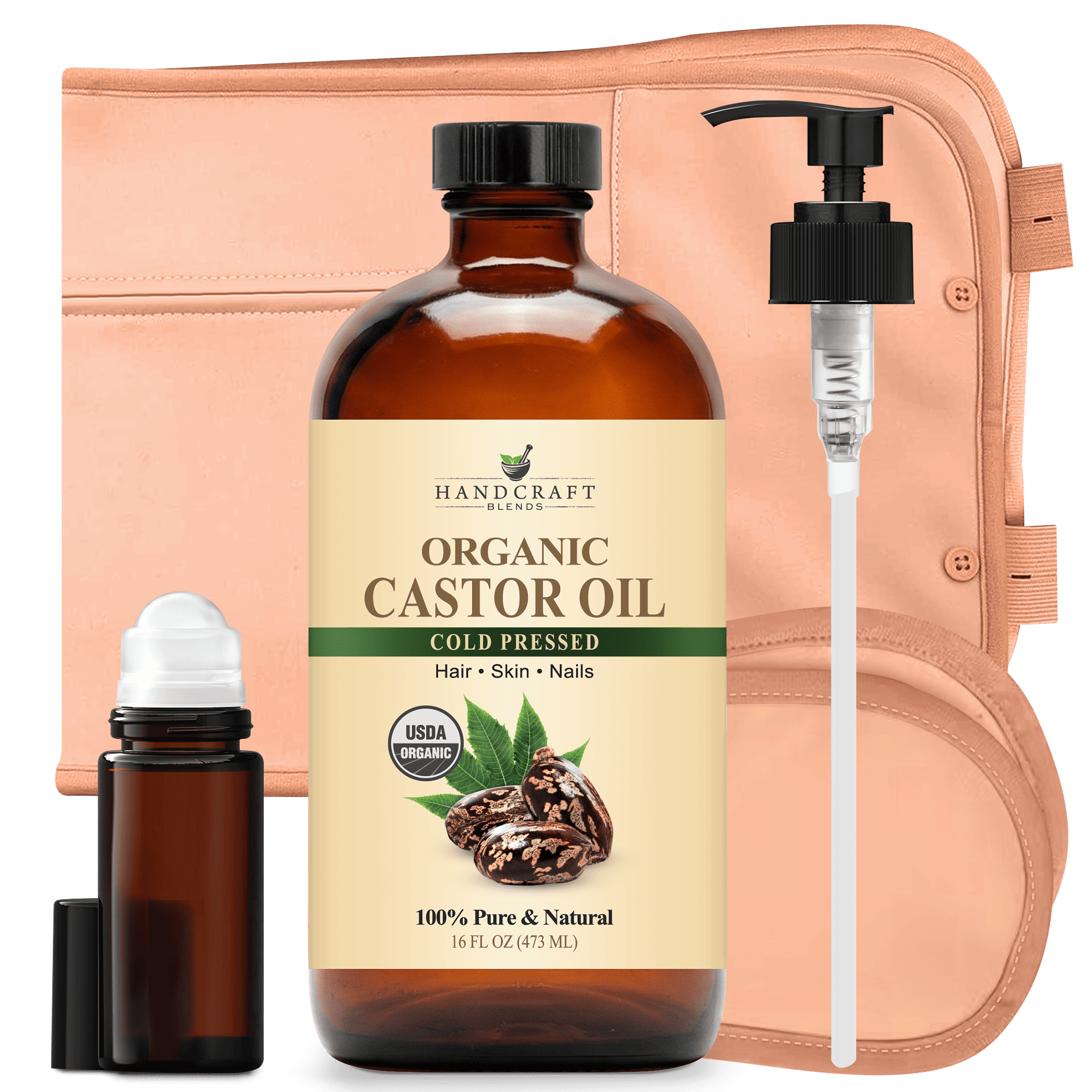 Organic Castor Oil - Glass Bottle with Roll on Bottle and Reusable Wraps