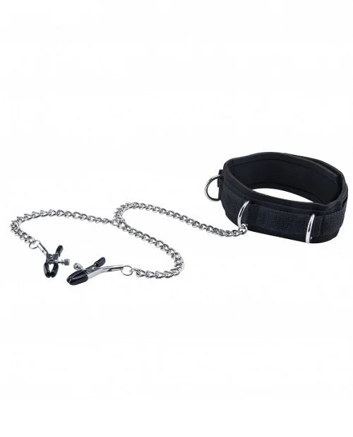Ouch! Black & White Adjustable Velcro Collar w/ Nipple Clamps Blk