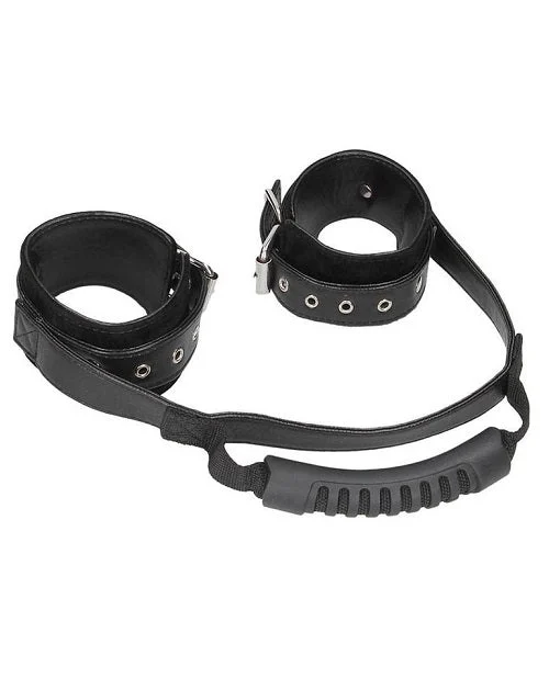 Ouch! Black & White Bonded Leather Hand Cuffs w/ Handle Blk