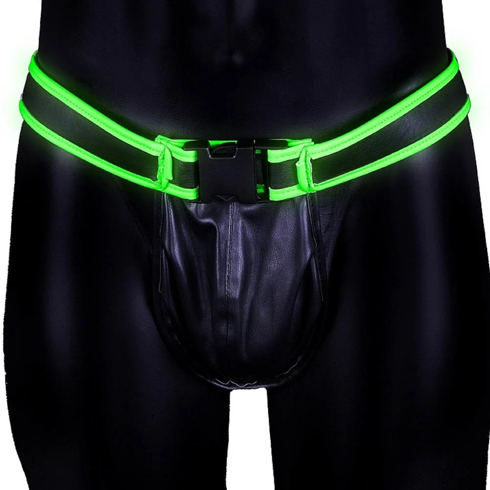 Ouch Glow in the Dark Bonded Leather Buckle Jock Strap, L/XL, Neon Green