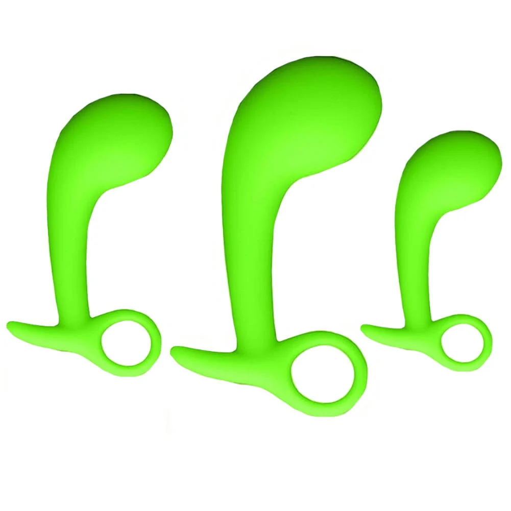 Ouch Glow in the Dark Prostate Kit 3-Piece Anal Plug Set, Neon Green