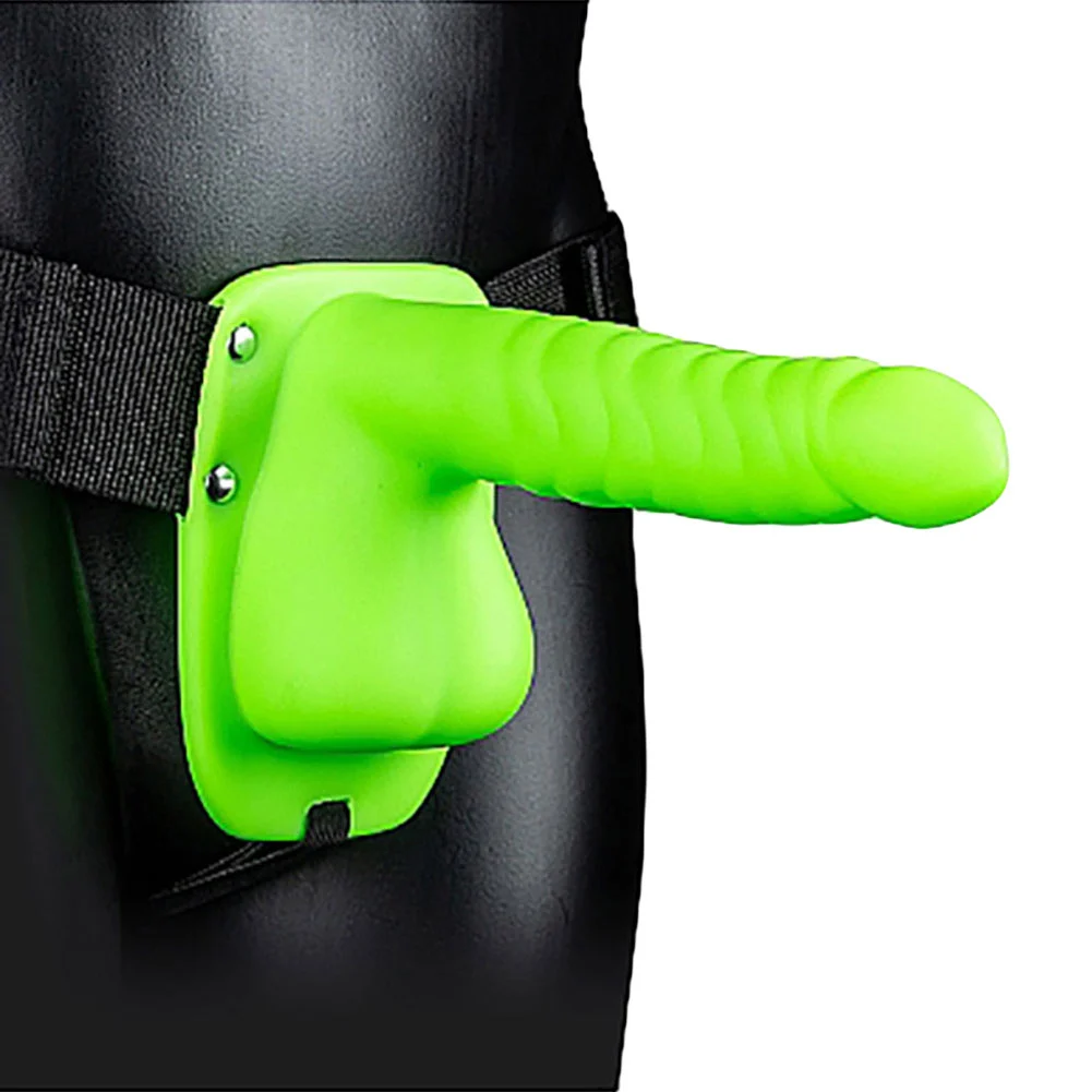 Ouch Ribbed Hollow Strap-On with Balls, 8", Glow in the Dark