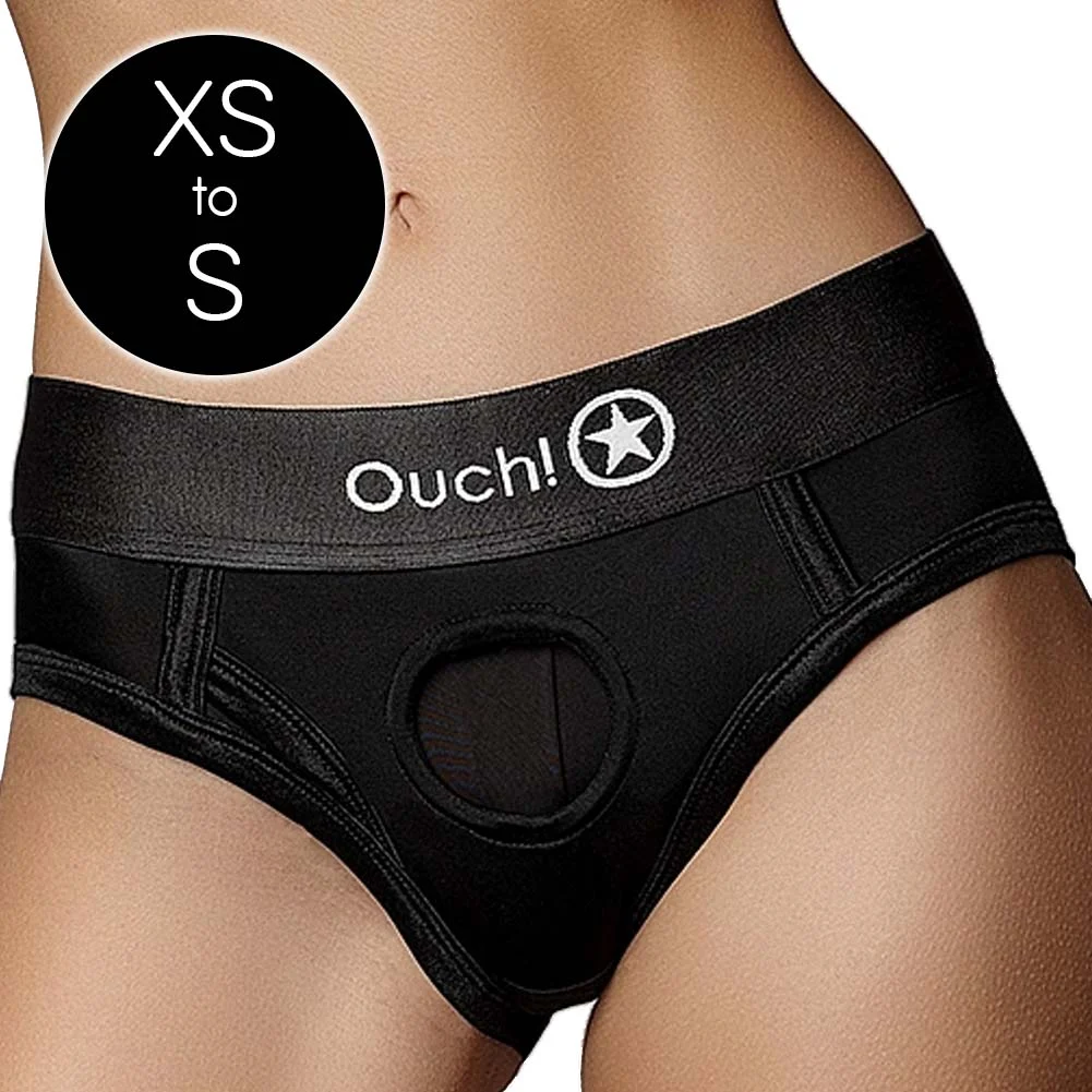 Ouch Vibrating Strap-on High-cut Brief Style Harness, Extra Small/Small, Black