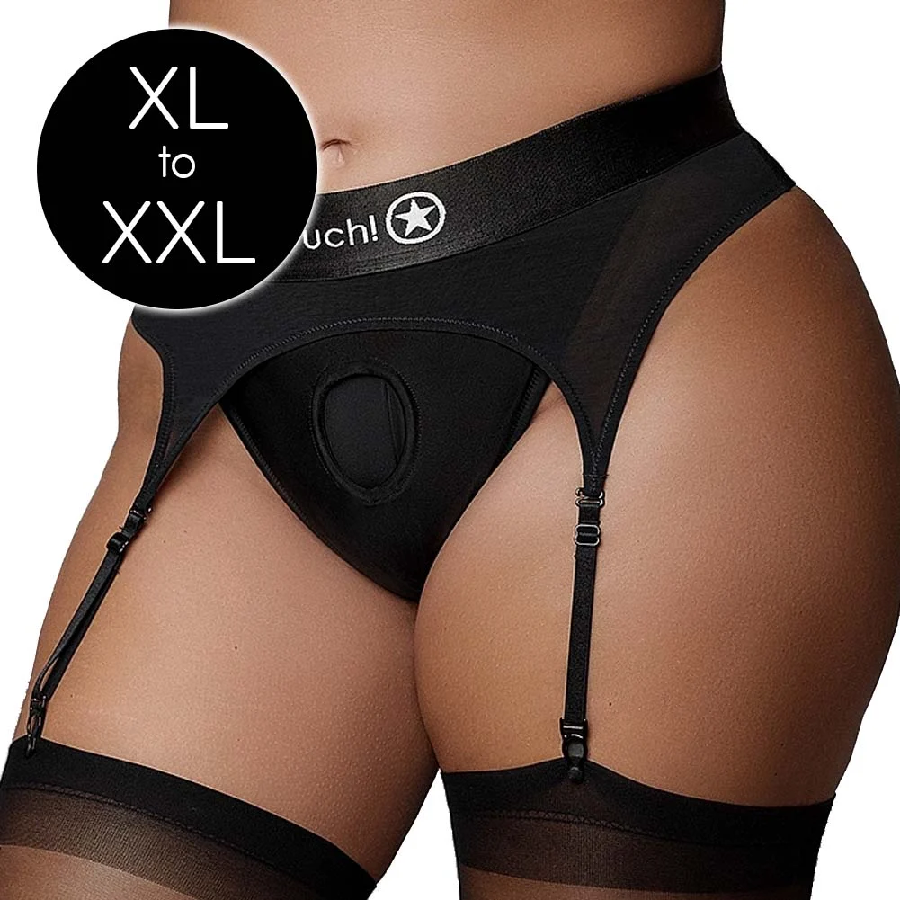 Ouch Vibrating Strap-on Thong with Adjustable Garters Harness, XL/XXL, Black
