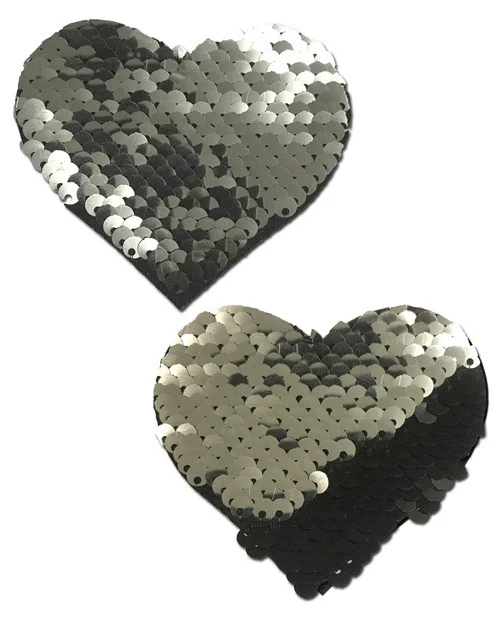 Pastease Reversible Silver Black Sequin Heart Nipple Pasties