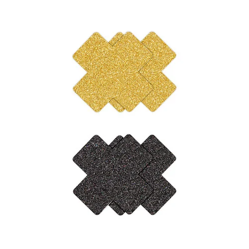 Pretty Pasties 2 Pair Gold and Black Glitter Cross Nipple Covers