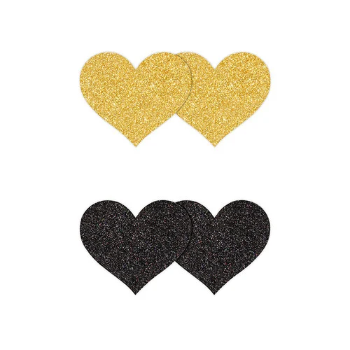 Pretty Pasties 2 Pair Gold and Black Glitter Heart Nipple Covers