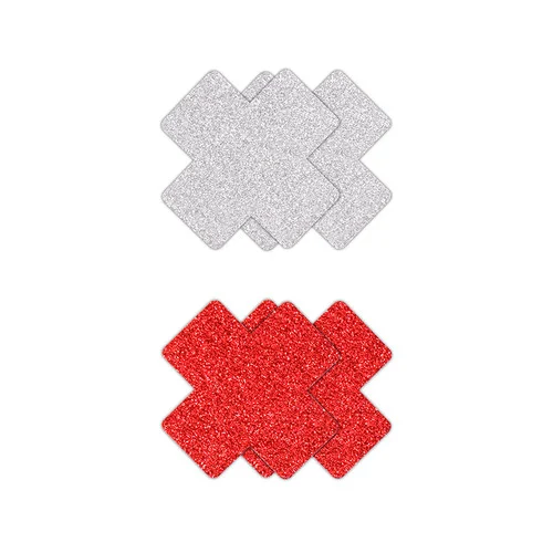 Pretty Pasties 2 Pair Red and Silver Glitter Cross Nipple Covers