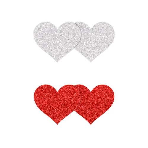 Pretty Pasties 2 Pair Red and Silver Glitter Heart Nipple Covers