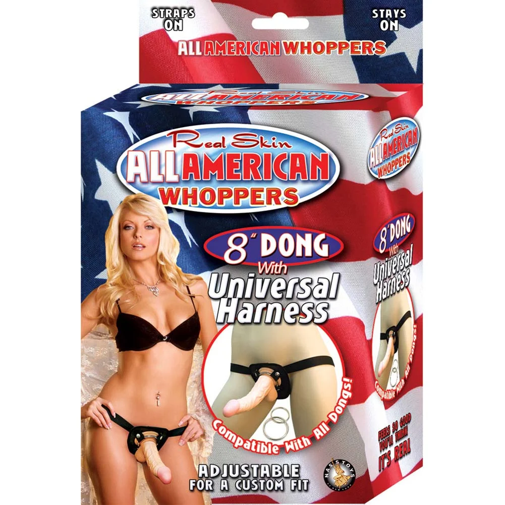RealSkin All American Whoppers Curved Dong with Universal Harness, 8", Flesh