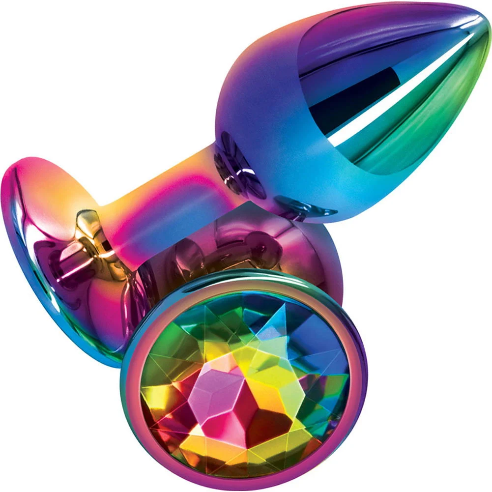 Rear Assets Tapered Metal Butt Plug, Small, Dark Pearl/Rainbow Jewel
