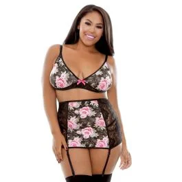 Rosette Bralette Garter Skirt Panty Curve P277
