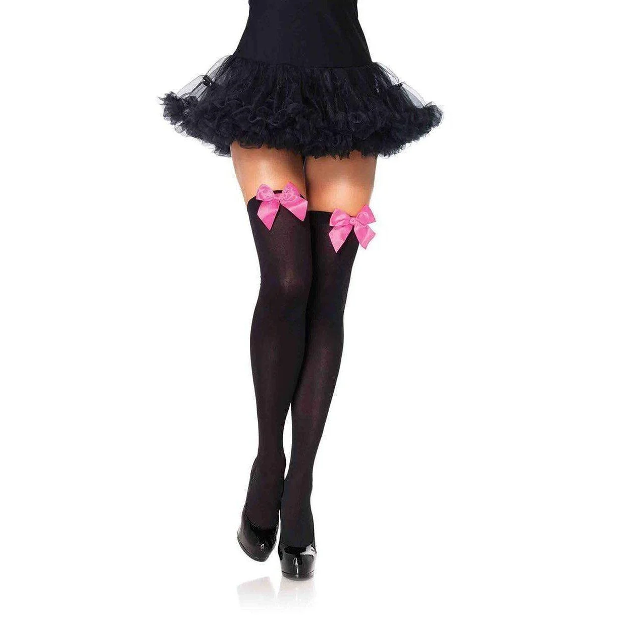 Stockings - Black with Neon Pink Satin Bow Over the Knee