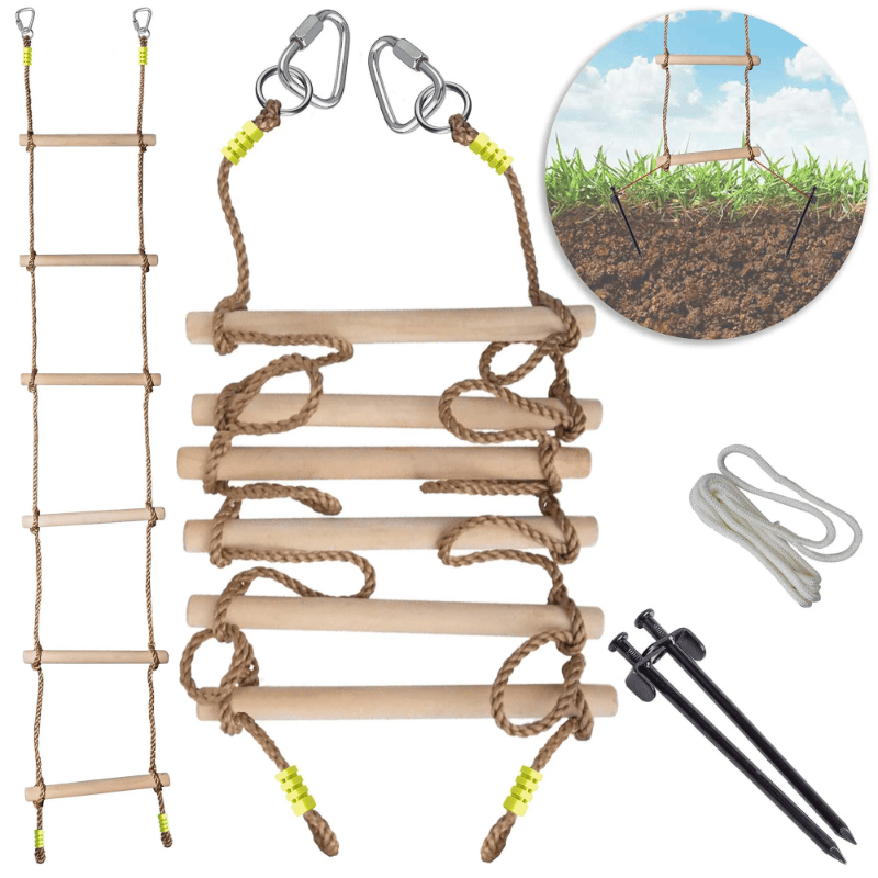 Wooden Rope Ladder For Kids With Ground Anchoring Lenght 2m Width 40cm Outdoor Or Indoor Climbing Rope Ladder For Ninja Slackline Backyard Playgr